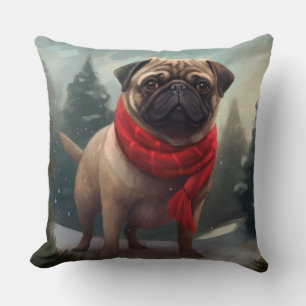 Coussin Chien Carlin dans la neige de Noël
