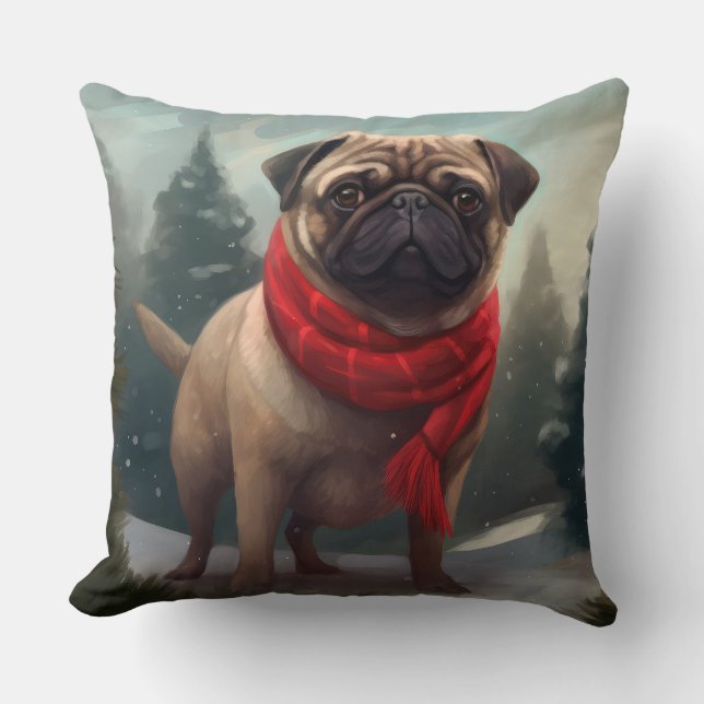 Coussin Chien Carlin dans la neige de Noël (Recto)