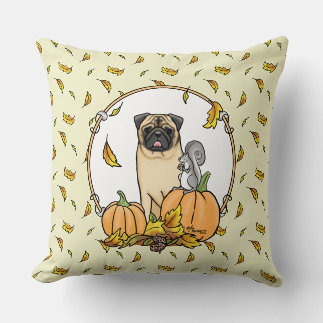 Coussin Chien Carlin d'automne (fawn) Citrouille mignon Fe (Recto)