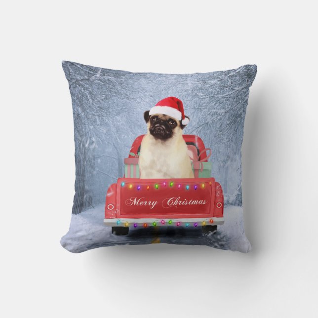 Coussin Chien carlin en neige assis dans un camion de Noël (Recto)
