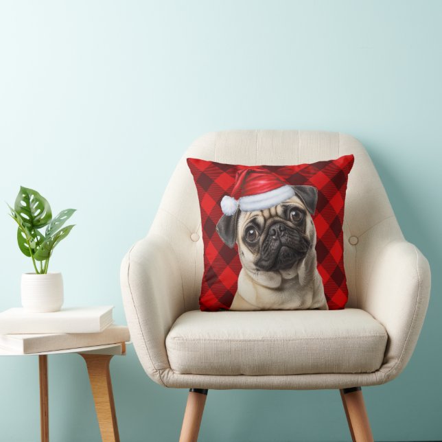 Coussin Chien Carlin Plaid Rouge de Noël Fêtes (Chaise)