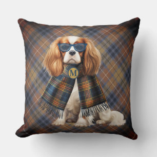 Coussin Chien Cavalier King Charles et monogramme à carrea