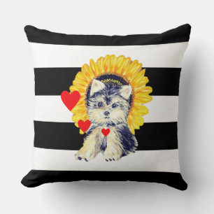 Coussin Chien, coeurs et tournesol sur Black & White Strie