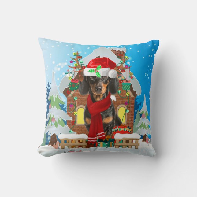 Coussin Chien Dachshund avec cadeaux de Noël (Recto)