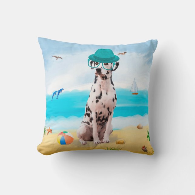 Coussin Chien Dalmation sur la plage (Recto)