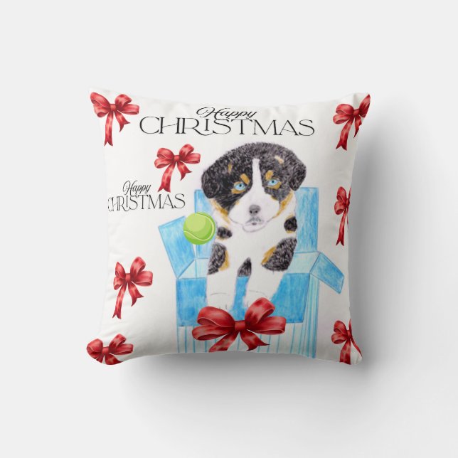 Coussin Chien dans une boîte bleue Noël (Recto)