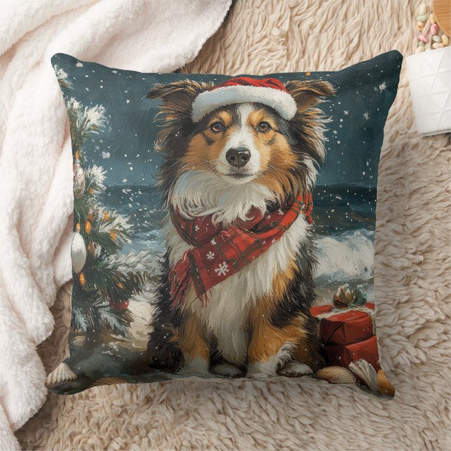 Coussin Chien de berger des Shetland Noël Vintage Plage (Couverture)