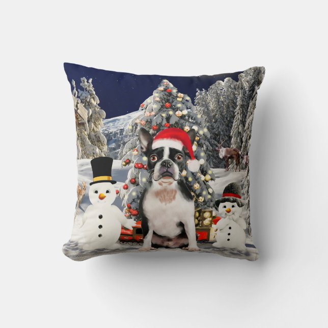 Coussin Chien de Boston Terrier dans la neige Lumières Cas (Recto)