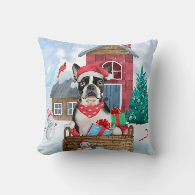 Coussin Chien de Boston Terrier dans la neige Maison de Ch (Recto)