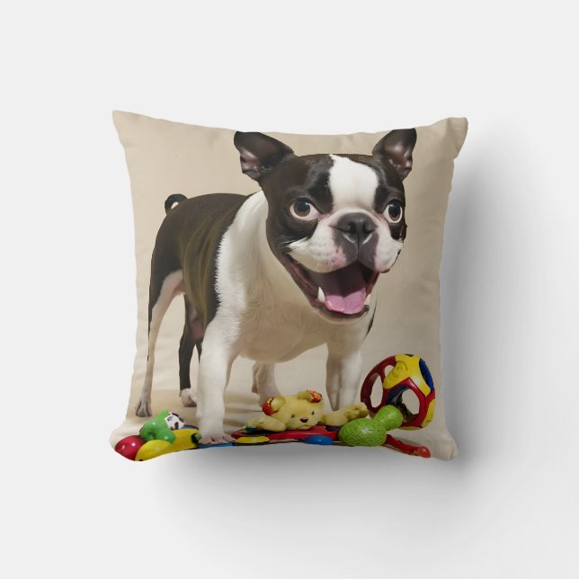Coussin Chien de Boston Terrier jouant avec des jouets (Recto)