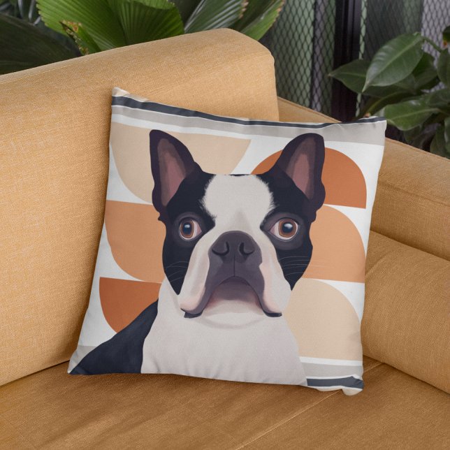 Coussin Chien de Boston Terrier - Orange Géométrique (Créateur téléchargé)