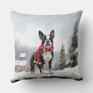 Coussin Chien de Boston Terrier pendant Noël de neige