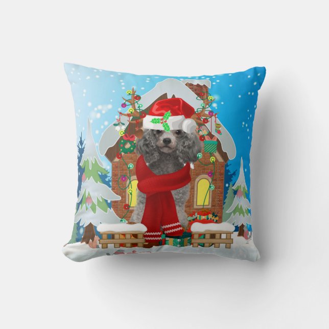 Coussin Chien de caniche avec cadeaux de Noël (Recto)