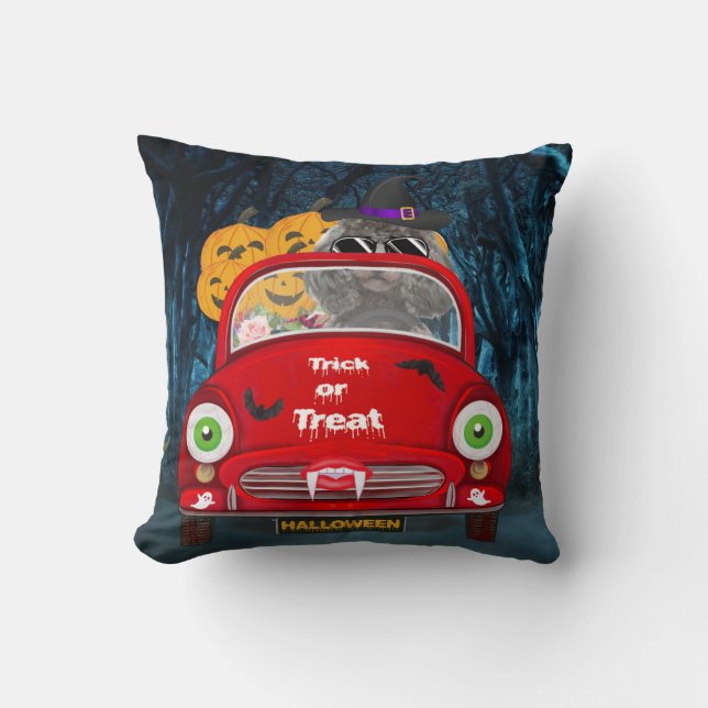 Coussin Chien de caniche voiture effrayant Halloween (Recto)