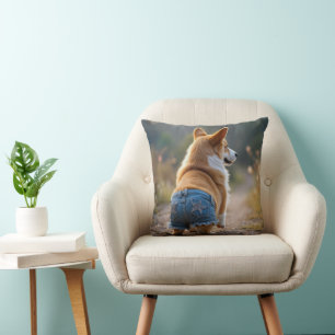 Coussin Chien de Corgi portant le bleu Jean Shorts