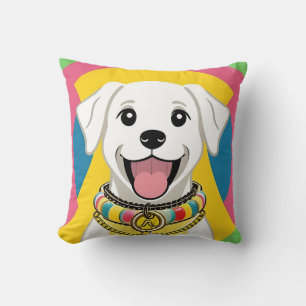 Coussin Chien de dessin animé heureux avec un collier colo
