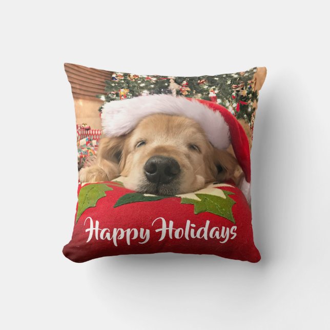 Coussin Chien de golden retriever de Noël endormi sous (Recto)
