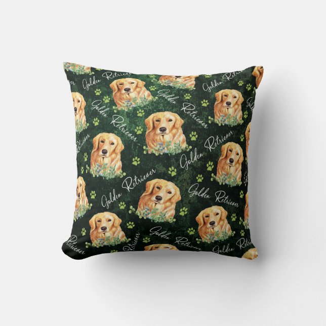 Coussin Chien de golden retriever, feuille d'eucalyptus, (Recto)