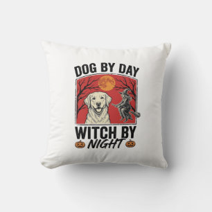 Coussin Chien de Jour Sorcière de Nuit Halloween Vintage C