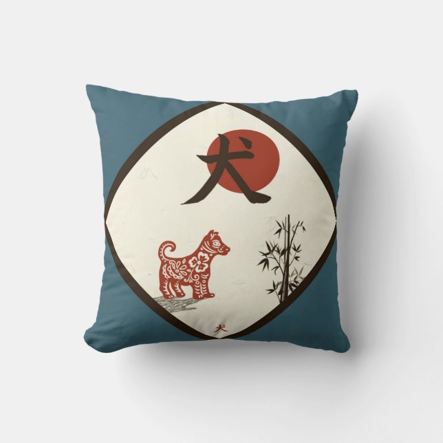 Coussin Chien de kanji sur le bleu (Recto)