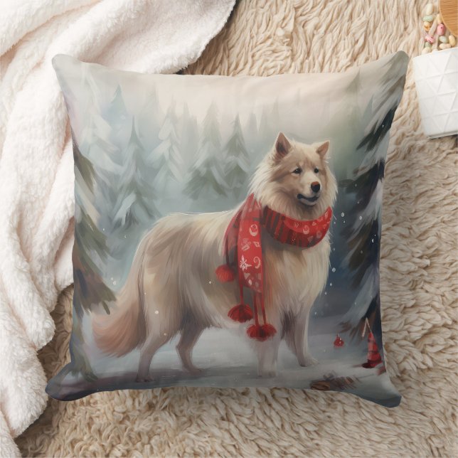 Coussin Chien de lappund finlandais à Noël de neige (Couverture)