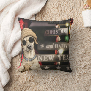 Coussin Chien de Noël drôle buvant du thé aux bulles