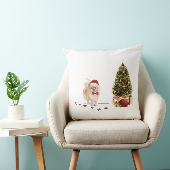Coussin Chien de Noël poméranien drôle avec arbre (Chaise)