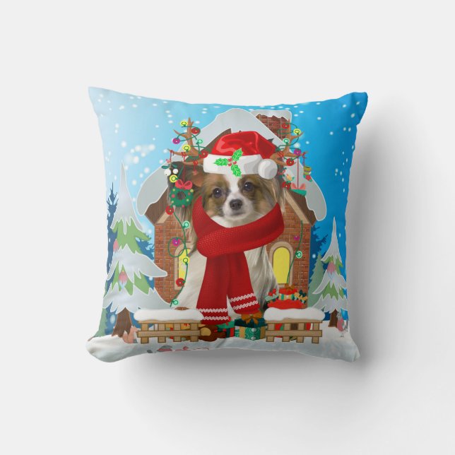 Coussin Chien de Papillon avec cadeaux de Noël (Recto)