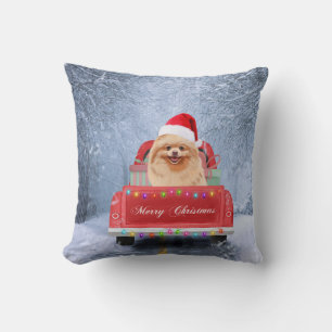 Coussin Chien de Poméranie en neige assis sur un camion de