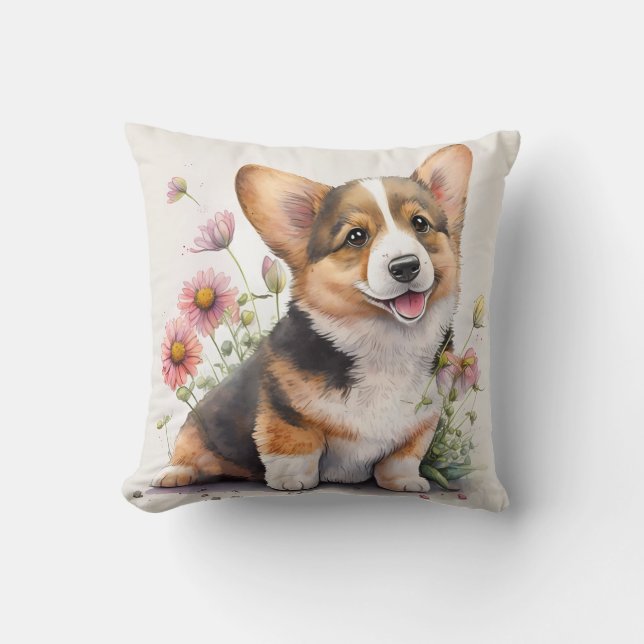 Coussin Chien de race Corgi au style aquarelle mignon (Recto)