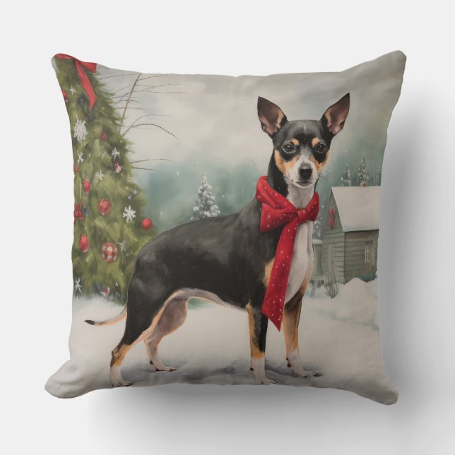 Coussin Chien de Rat Terrier à Noël de neige (Recto)