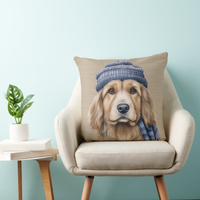 Coussin CHIEN DE SHAGGY Brown ET BLANC AVEC CASQUETTE BLEU (Chaise)