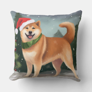Coussin Chien de Shiba Inu à Noël de neige