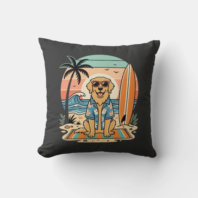 Coussin Chien de surf Rétro Plage Été (Recto)