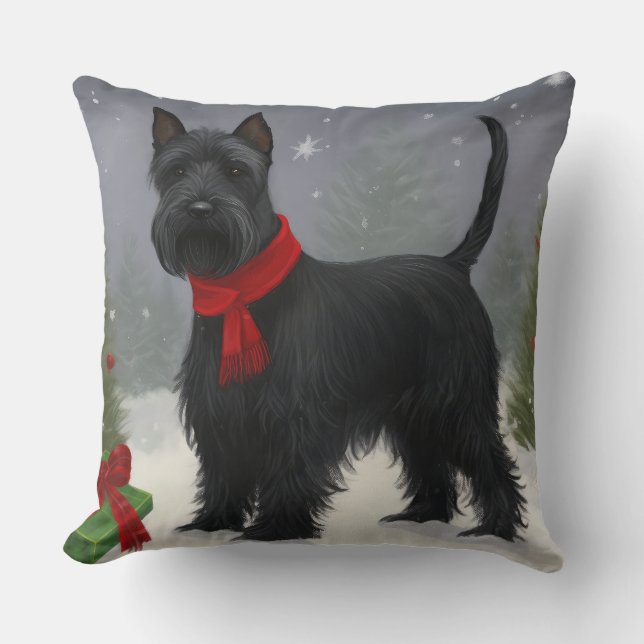 Coussin Chien de Terrier écossais en Noël de neige (Recto)