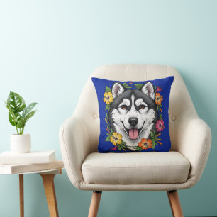 Coussin Chien de Traîneau Husky Et Fleurs Colorées de Mira