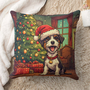Coussin Chien débraillé chapeau de Père Noël Arbre de Noël