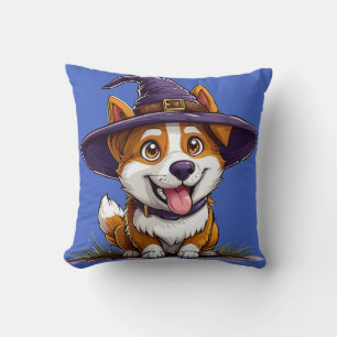 Coussin Chien d'Halloween portant un chapeau de sorcière