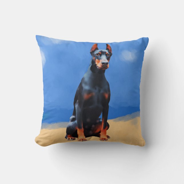 Coussin Chien Doberman Assis Sur La Plage (Recto)