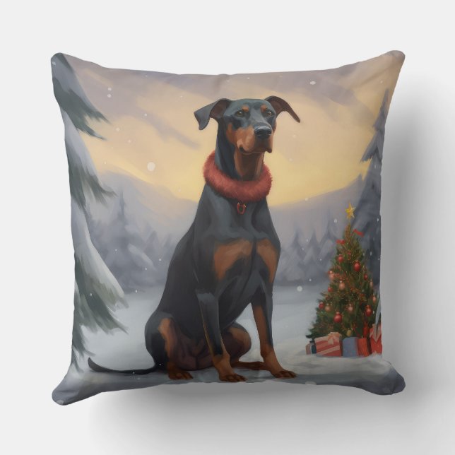 Coussin Chien Doberman dans la neige de Noël (Verso)