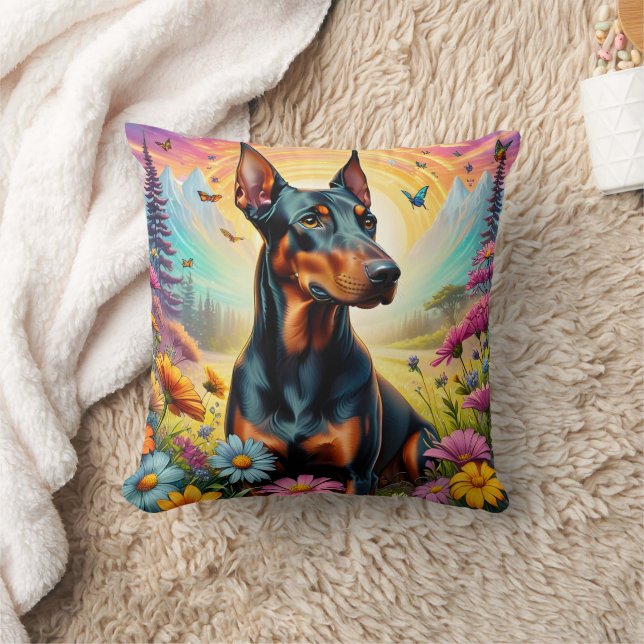Coussin Chien Doberman, Fleurs Et Scène De Montagne (Couverture)