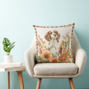 Coussin Chien Épagneul Breton Fleurs Aquarelle Automne Eau