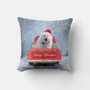 Coussin Chien Eskimo américain en neige assis à Noël