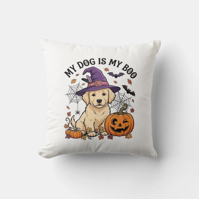 Coussin Chien est Boo Halloween Sorcière Chiot Citrouille_ (Recto)