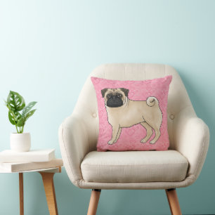 Coussin Chien Fawn Pug Dessin Animé Balais Rose Amour Moti