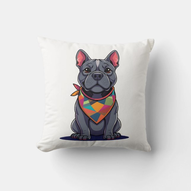 Coussin Chien Frenchie Pitbull mignon avec Art Bandana (Recto)