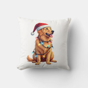 Coussin Chien Golden Retriever Santa Noël Xmas Lumières (