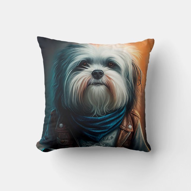 Coussin Chien Havanais en vélo peinture numérique (Recto)