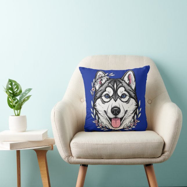 Coussin Chien Husky Sibérien Et Fleur De Laurier Des Monta (Chaise)