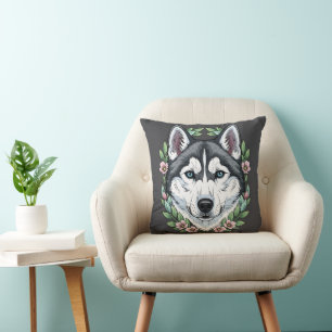 Coussin Chien Husky Sibérien Et Fleurs De Kalmia De Montag